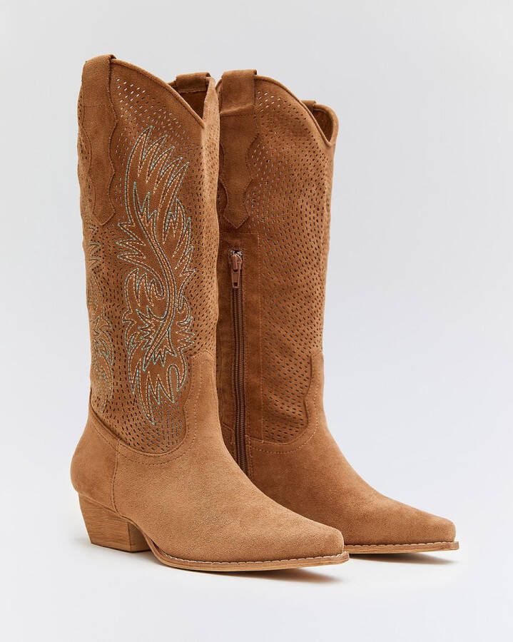 Weloveshoes SmileFavorites Dames Cowboylaarzen met Hak Camel Suedine