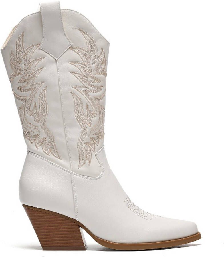 Goedkopeschoenen.com Smile Favorites Dames Cowboylaarzen met Hak Wit Imitatieleer