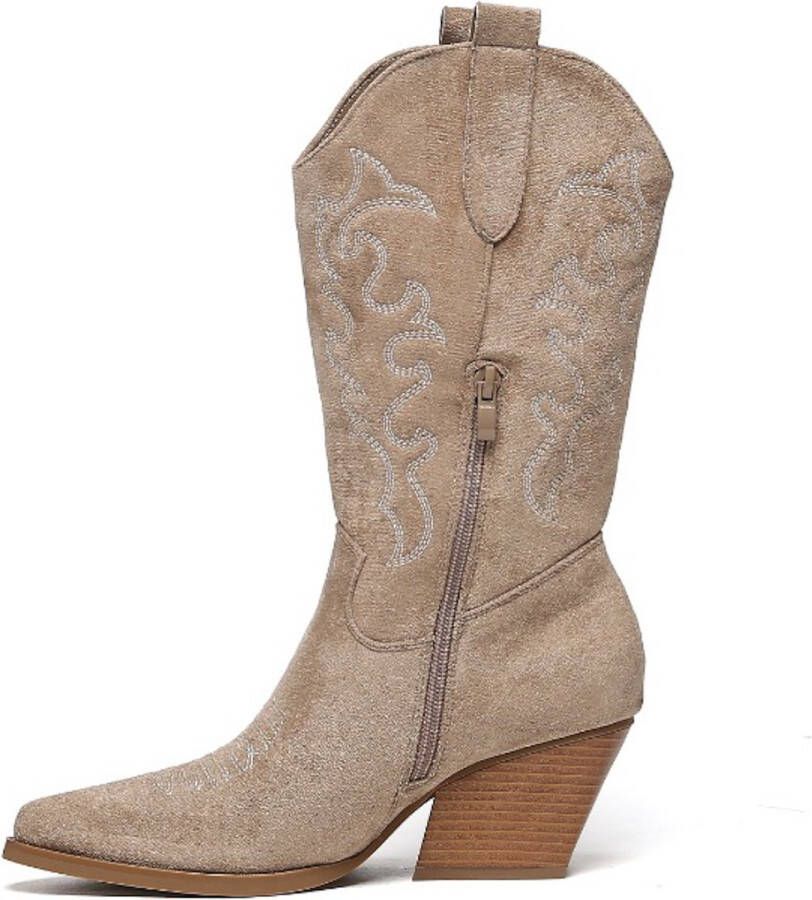 Weloveshoes Black Friday Deal Dames Cowboylaarzen met Hak Suedine Taupe Khaki