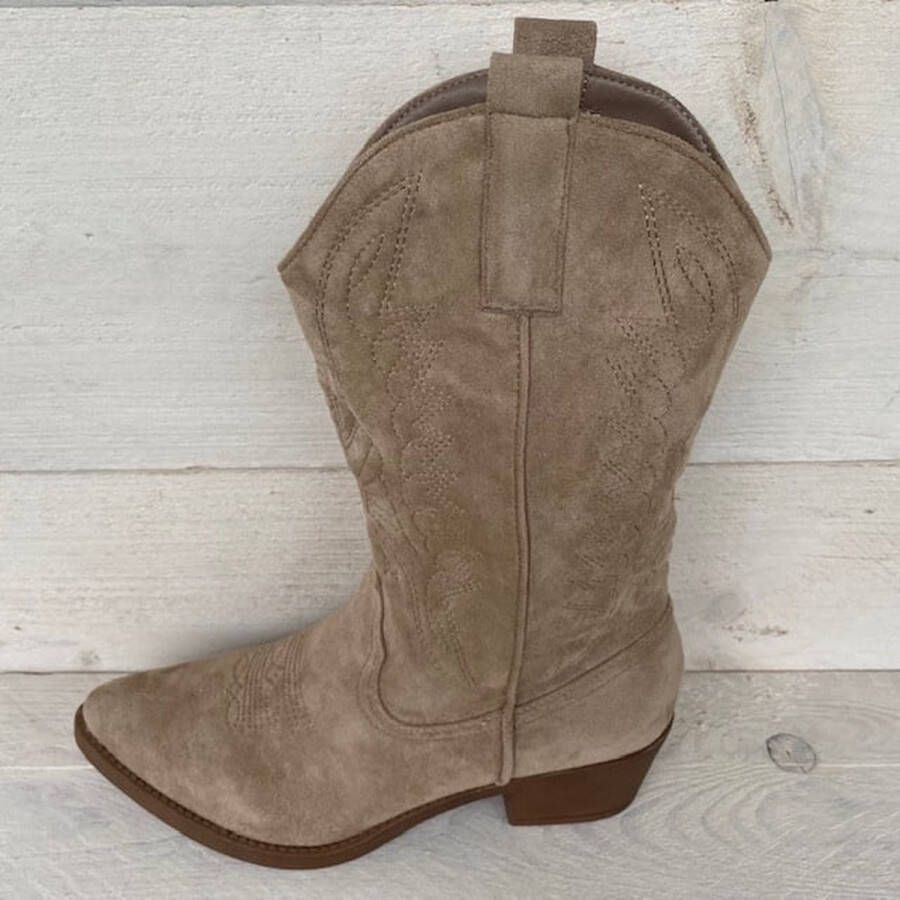 Weloveshoes Black Friday Deal Dames Cowboylaarzen met Hak Suedine Taupe Khaki