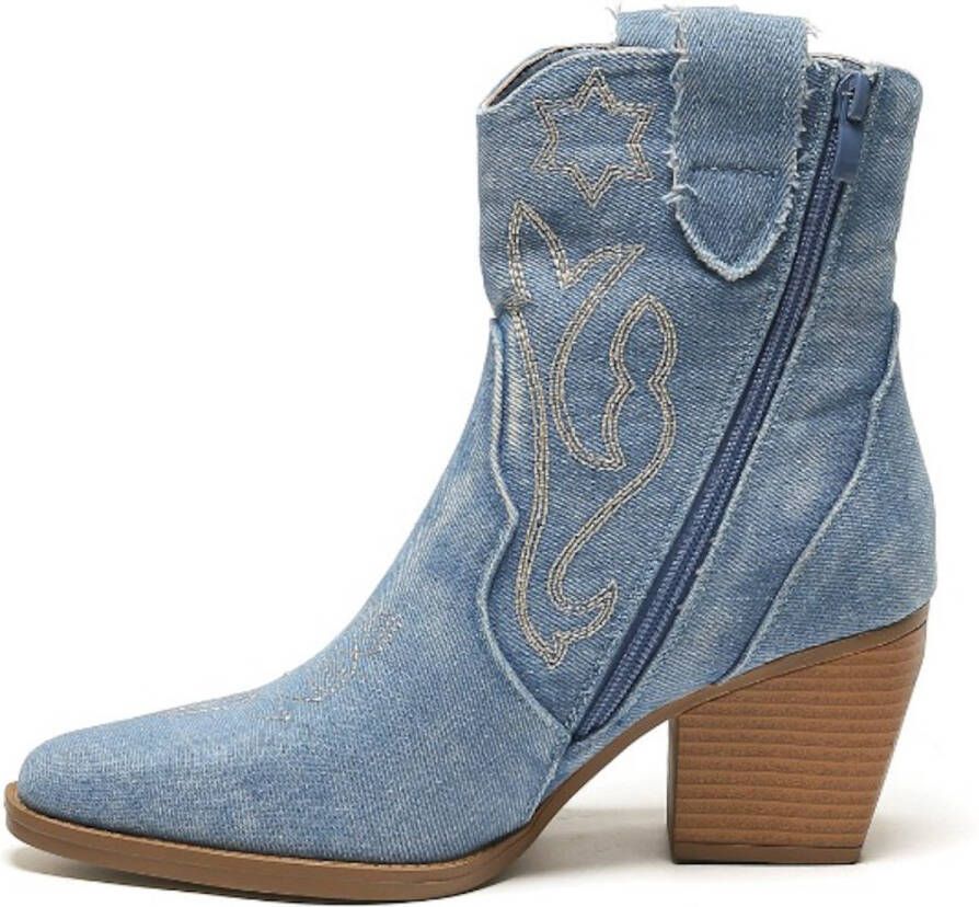 Weloveshoes SmileFavorites Dames Cowboylaarzen met Hak Kort Blauw Stof