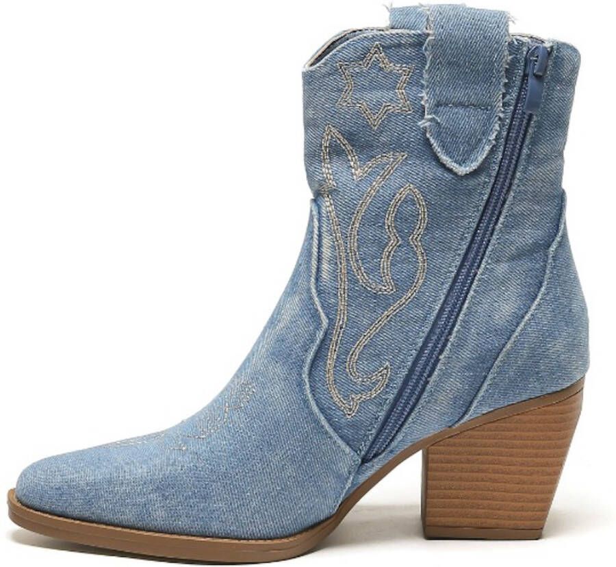 Weloveshoes SmileFavorites Dames Cowboylaarzen met Hak Kort Blauw Stof