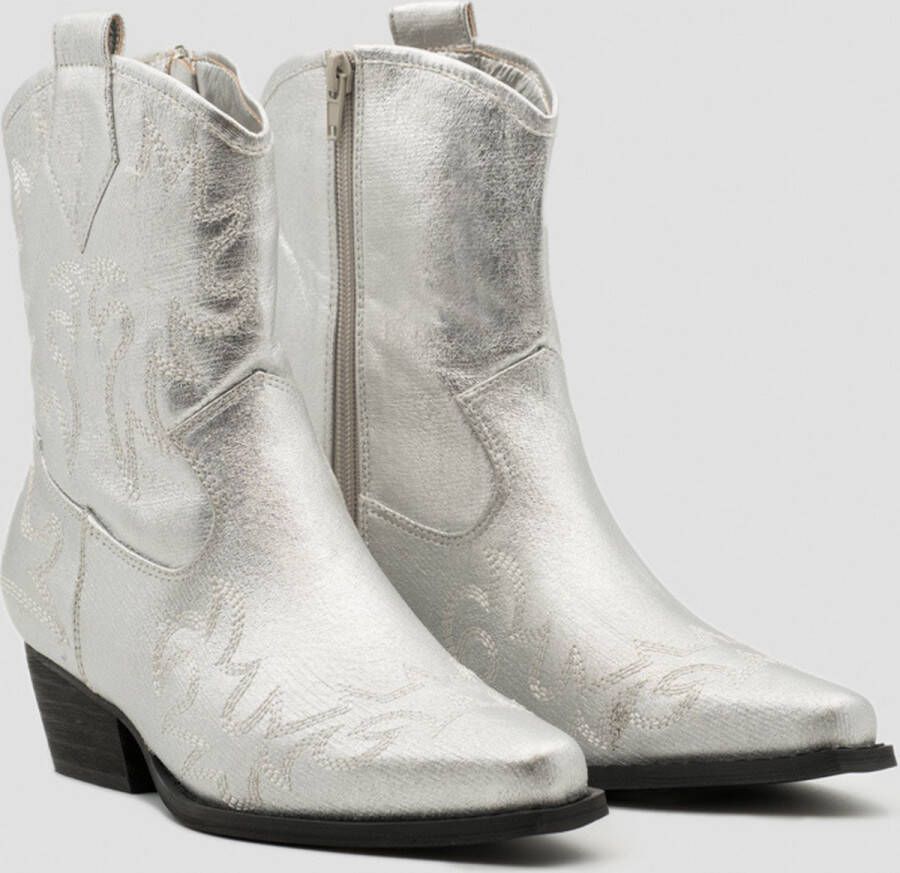 Weloveshoes SmileFavorites Dames Cowboylaarzen met Hak Kort Zilver Imitatieleer