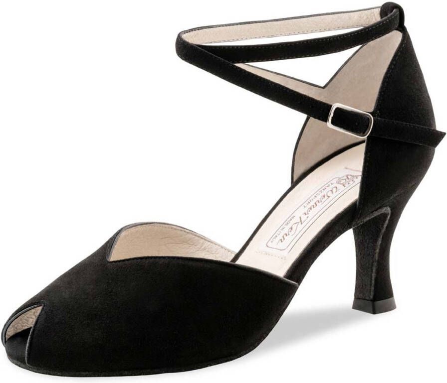 Werner Kern Asta Dansschoenen Dames Flare hak Zwart suède Peeptoe Gekruist enkelbandje Salsa Latin Ballroom Tango Kizomba Zwart suede