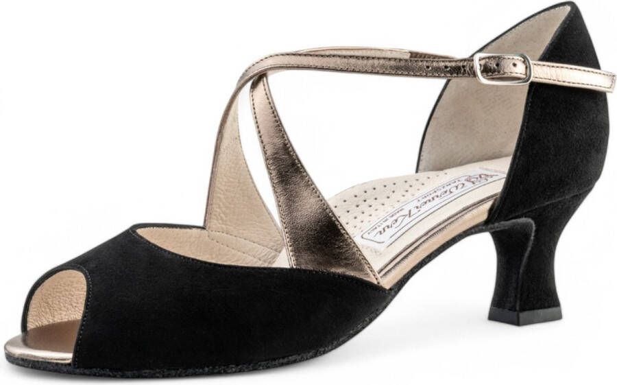 Werner Kern Gaby Dames Dansschoenen Zwart Goud Metallic Leer en Suede Peeptoe Latin Ballroom Salsa schoenen Zwart koper