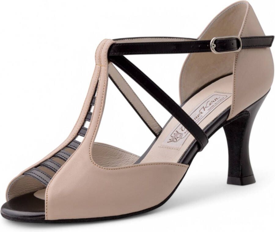 Werner Kern Holly Dansschoenen voor Dames Beige Zwart Leer Flare Hak Open Teen Suede Zolen Latin Salsa Tango Zwart beige