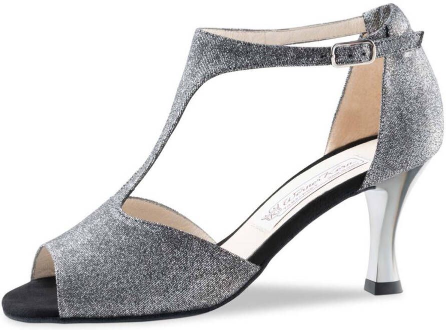 Werner Kern Jamie Dames Dansschoenen Salsa Latin Kizomba Tango Zilver Glitter Suede Zolen Metallic Hak Open Teen Zwart zilver