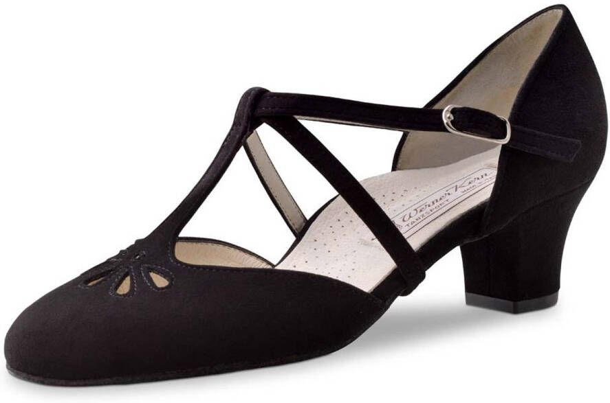 Werner Kern Lea Dames Dansschoenen met Lage Hak Zwart Suede Bloemmotief Comfort lijn Ballroom Latin Stijldansen Social Zwart