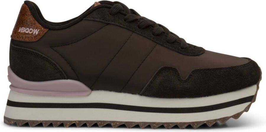 Woden Leren Plateau Sneaker met Visleer Details Brown Dames