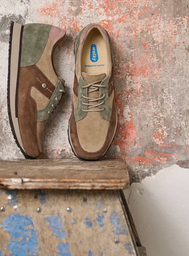 Wolky Lage veterschoenen e-Walk taupe grijsgroen combi leer