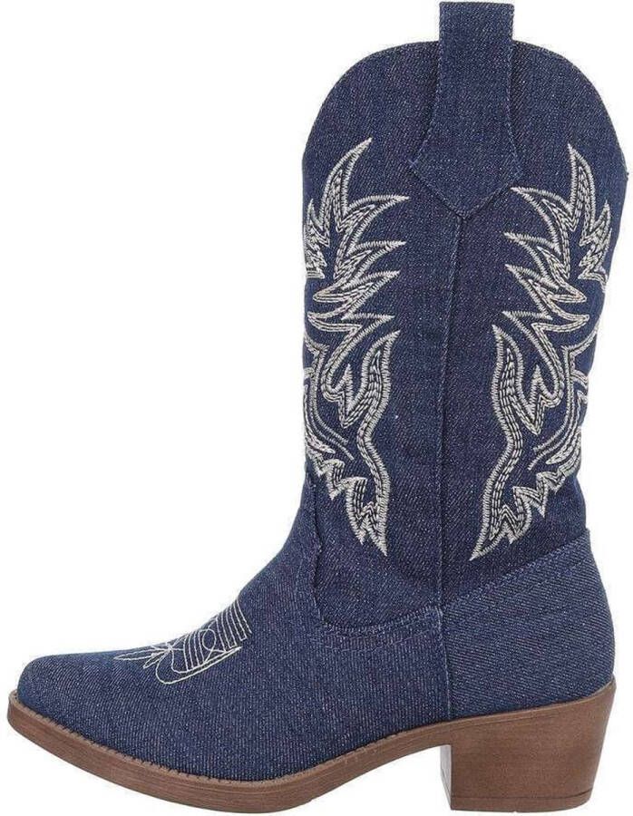 ZoeZo Design laarzen kuit laarzen western laarzen cowboylaarzen halflange laarzen jeansstof jeanslaarzen blauw met stiksel hakhoogte