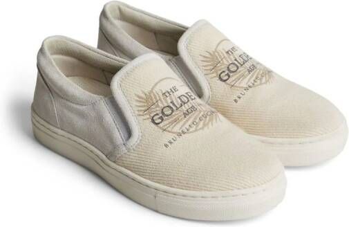 Brunello Cucinelli Kids Slip-on sneakers met logoprint Beige