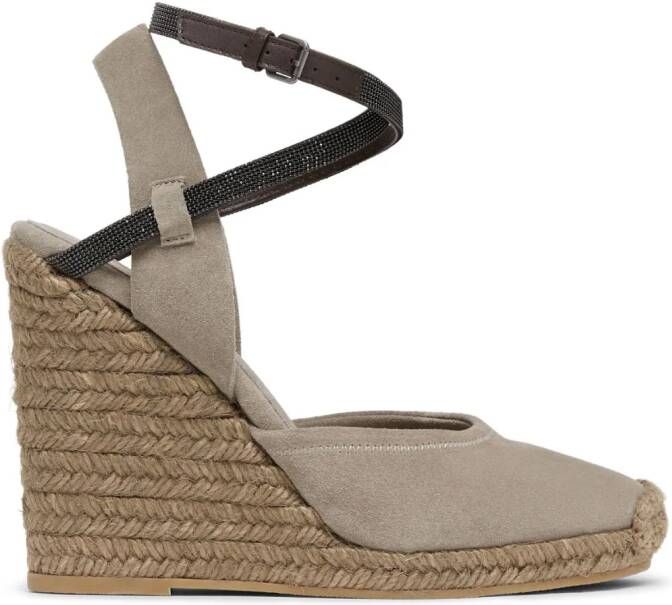 Brunello Cucinelli Suède sandalen met monili kralen en sleehak Beige