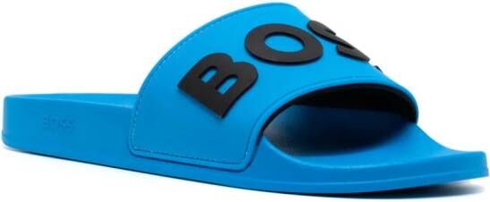 BOSS Badslippers met logo-reliëf Blauw