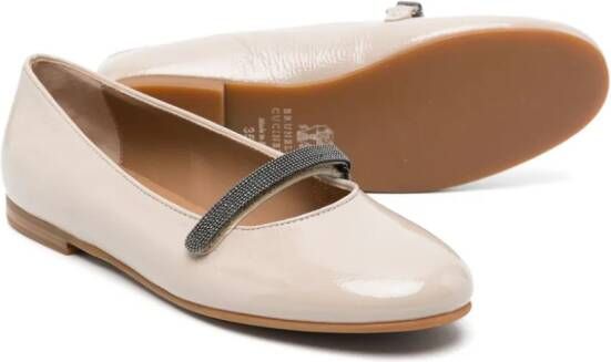 Brunello Cucinelli Kids Leren ballerina's met kralenband Beige