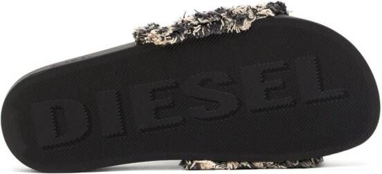 Diesel Sa denim slippers met franje Zwart