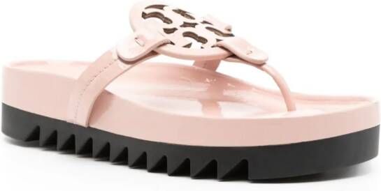 Tory Burch Leren teenslippers met logo-applicatie Roze