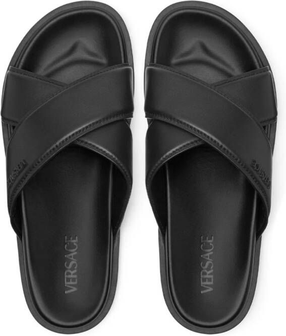 Versace Leren slippers met logo Zwart