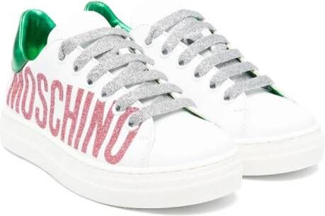 Moschino Kids Leren sneakers met glitter logo Wit