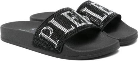 Philipp Plein Junior Slippers met logo verfraaid met kristallen Zwart