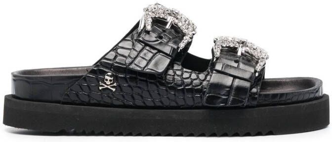 Philipp Plein Slippers met kristallen gesp Zwart