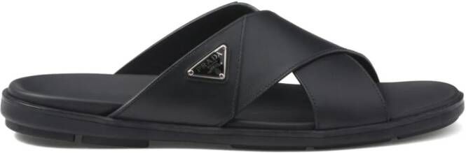 Prada Leren sandalen met logo Zwart