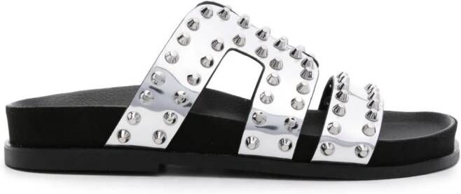 SANDRO Metallic leren slippers met studs Zilver