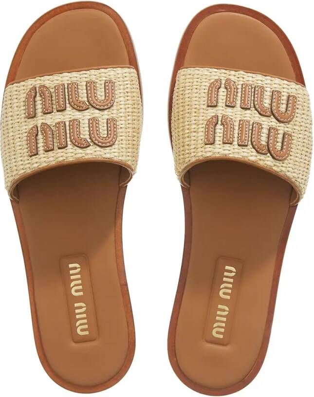 Miu Slippers & Mules Logo-Patch Raffia Slides in beige