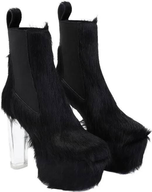 Rick Owens Boots Black Fur Minimal Grill Beatle 65 Boots in zwart