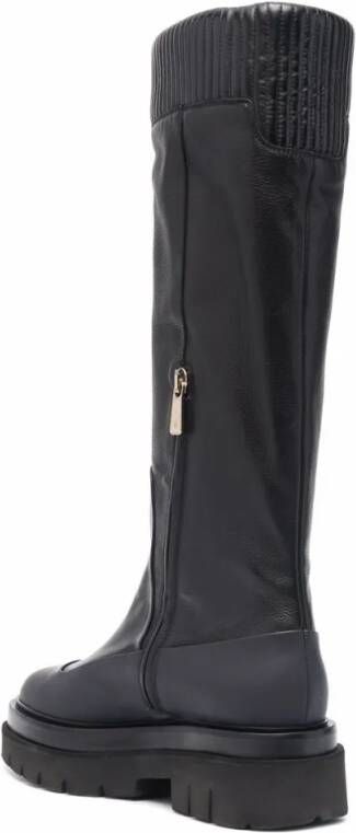 Santoni Boots Black Ribbed Leather Knee-High Boots in zwart