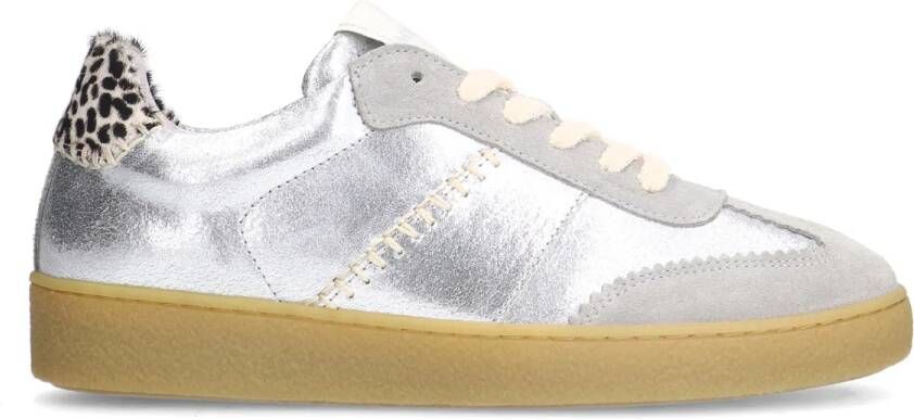 Manfield Zilveren leren sneakers met leopard details