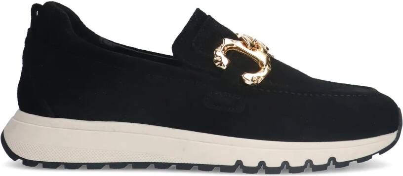 Manfield Zwarte suède loafers met gouden chain