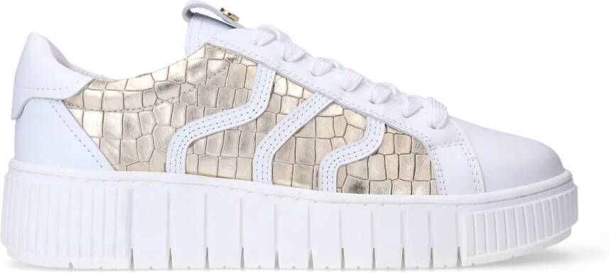 No Stress Dames Witte leren sneakers met gouden croco details