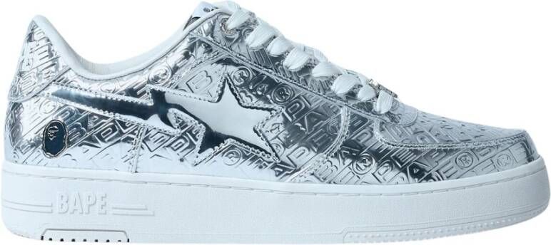 A Bathing APE Metallic Logo Leren Sneakers Gray Heren