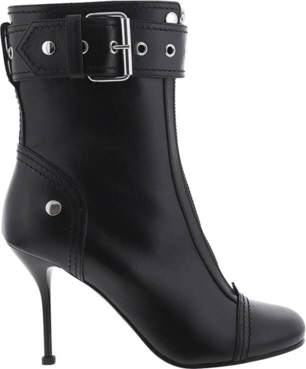 Alexander mcqueen Zwarte Leren Enkellaarzen met Ritssluiting en Metalen Gesp Black Dames