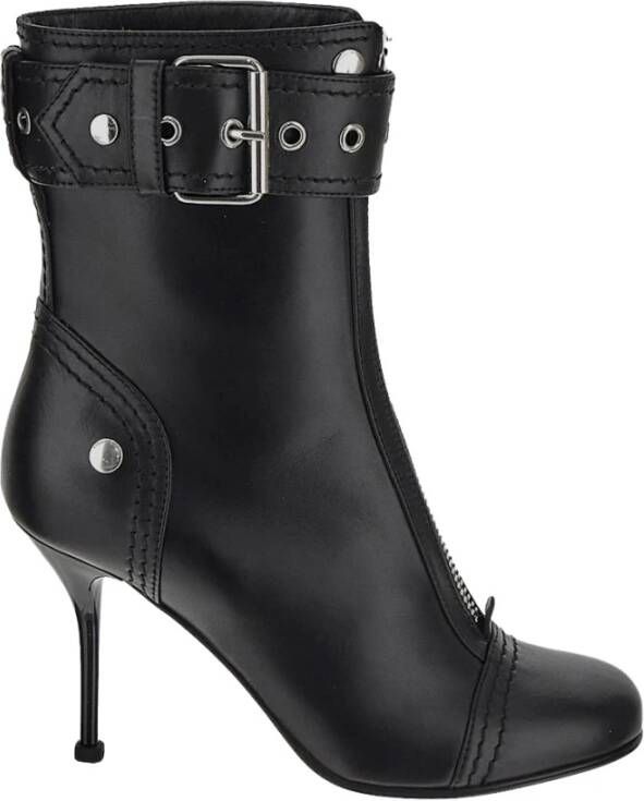 Alexander mcqueen Zwarte Leren Enkellaarzen met Ritssluiting en Metalen Gesp Black Dames