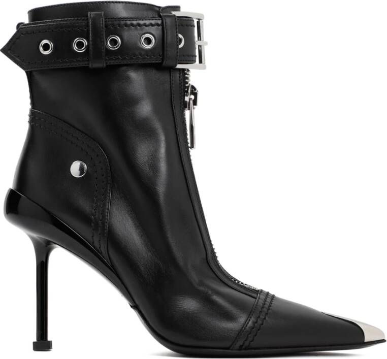 alexander mcqueen Zwarte Leren Enkellaarzen Puntige Neus Black Dames