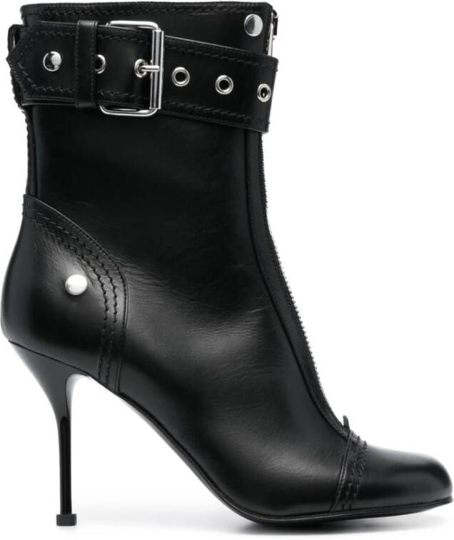 Alexander mcqueen Zwarte Leren Enkellaarzen met Ritssluiting en Metalen Gesp Black Dames