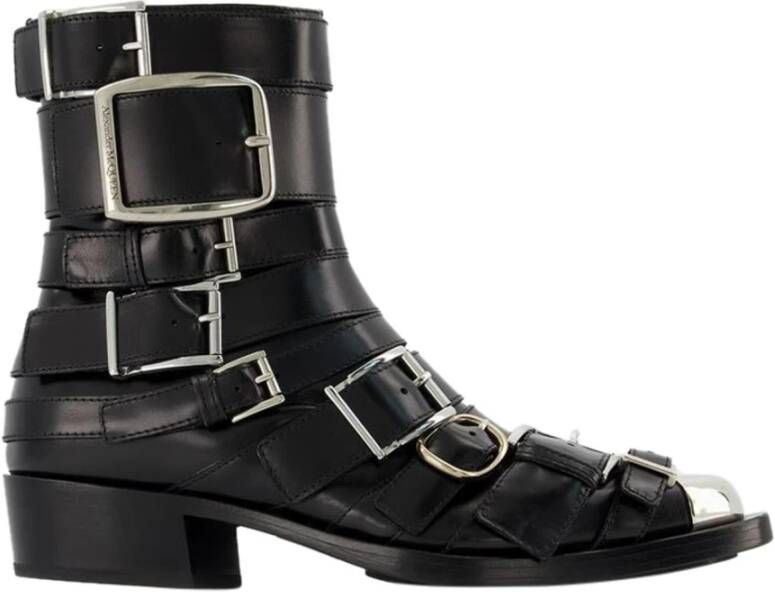 Alexander mcqueen Zwarte Leren Laarzen met Amandelvormige Neus Black Dames