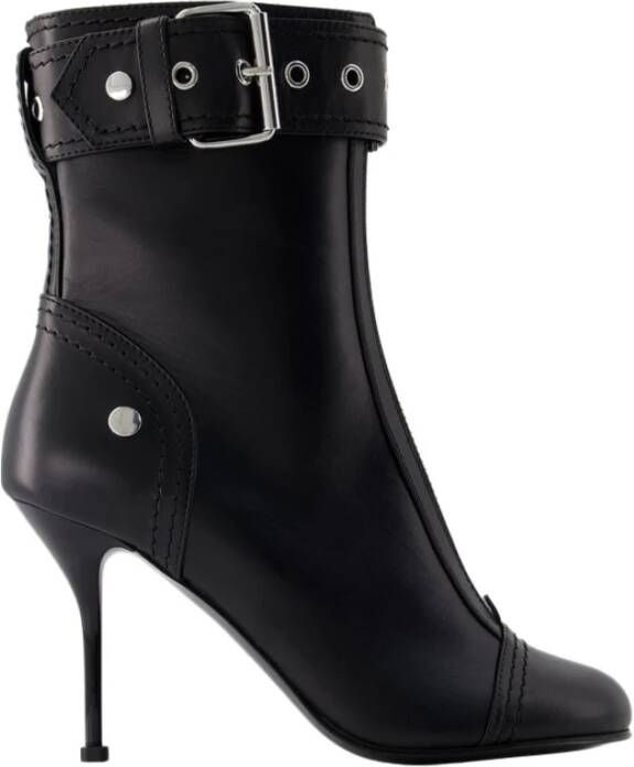 Alexander mcqueen Zwarte Leren Enkellaarzen met Ritssluiting en Metalen Gesp Black Dames