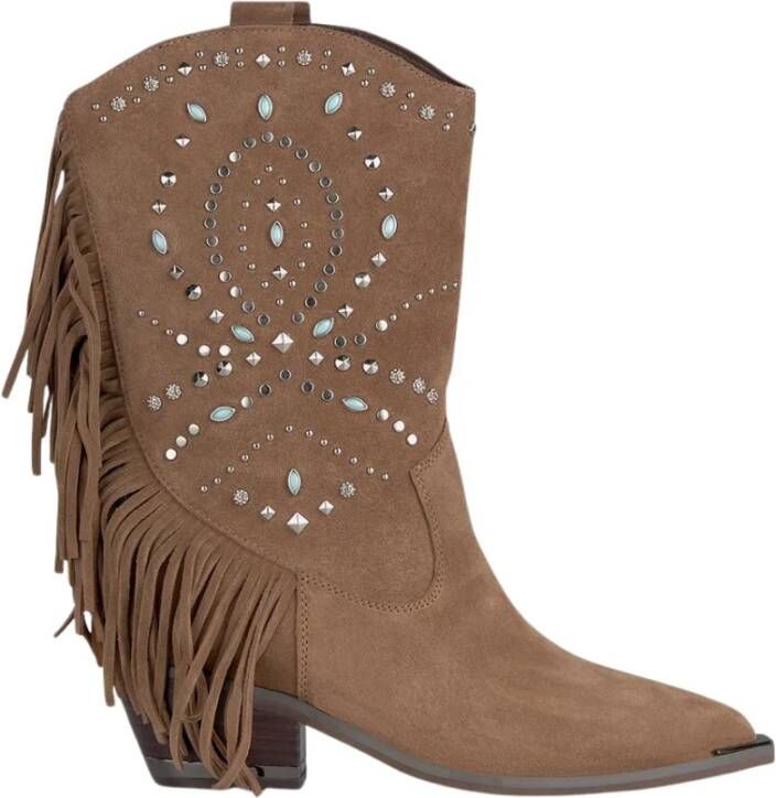 Alma en Pena Platte enkellaarsjes studs en franjes Brown Dames