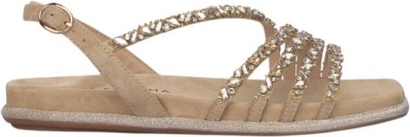 Alma en Pena Rhinestone Cross Strap Flat Sandal Beige Dames