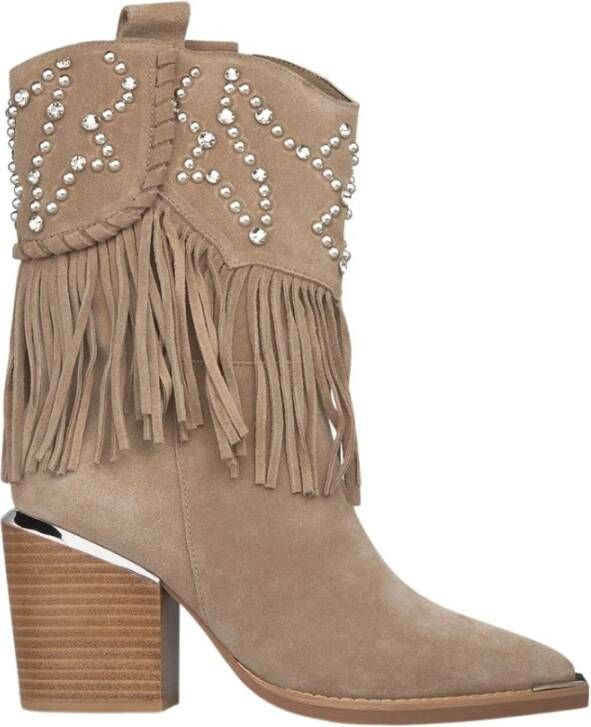 Alma en Pena Studded Fringed Enkellaarzen Beige Dames