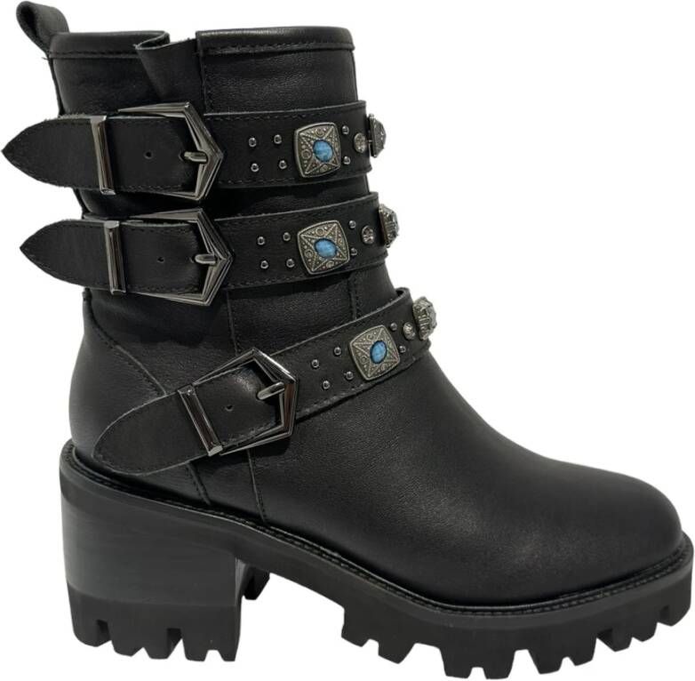 Alma en Pena Zwarte leren enkellaarsjes met gespen en studs Black Dames