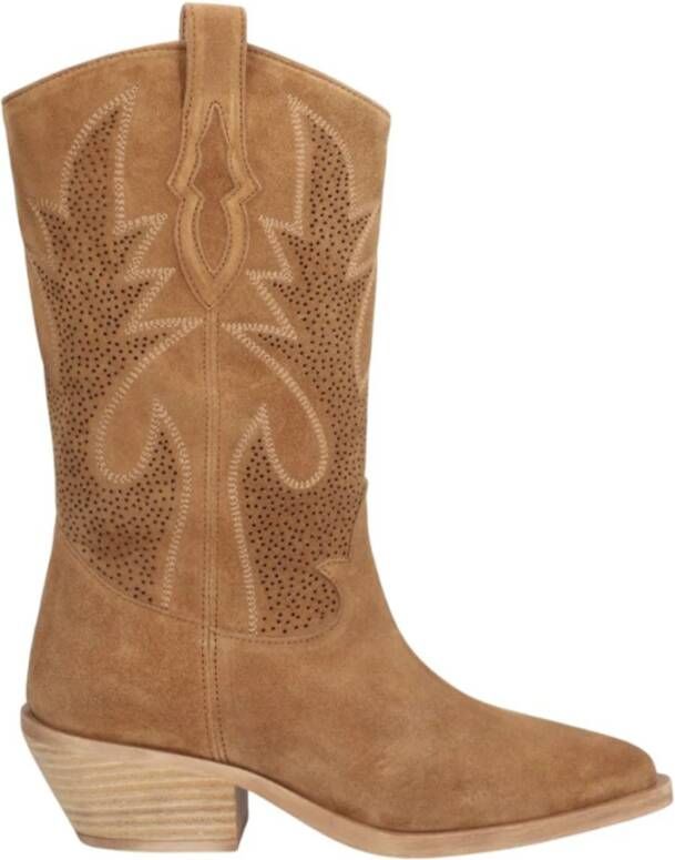 Alpe Kameel Suède Cowgirl Laars met 4cm Rubberen Zool Brown Dames