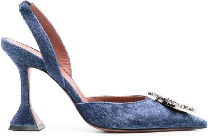 Amina Muaddi Blauwe Velvet Slip-On Gebeeldhouwde Hak Schoenen Blue Dames