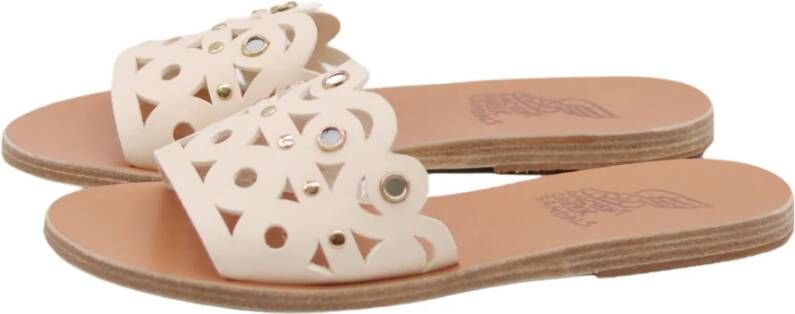 Ancient Greek Sandals Handgemaakte Leren Slides met Spiegelapplicaties Beige Dames