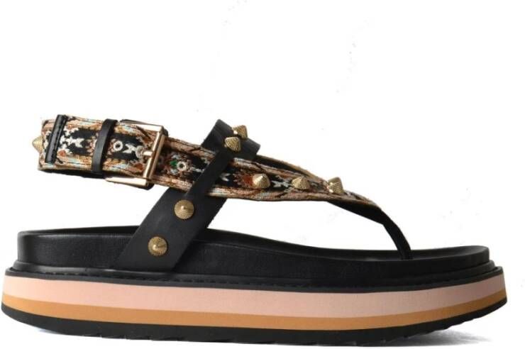 Ash Geborduurde Leren Platte Sandalen Zwart Dames