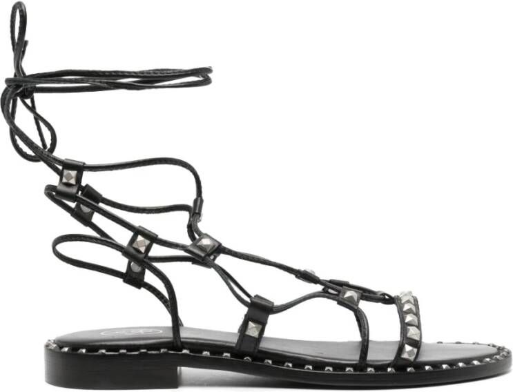 Ash Zwarte leren platte sandalen met bontdetails Zwart Dames