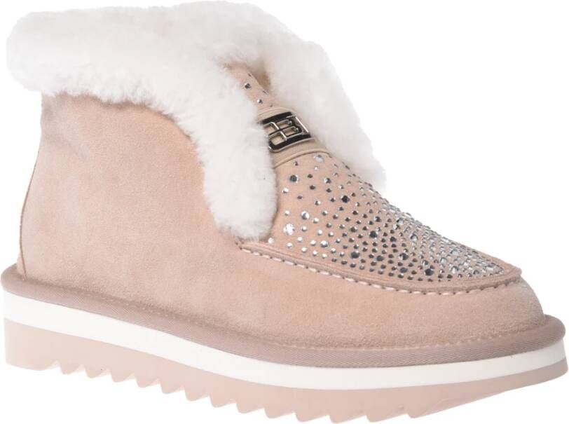 Baldinini Ankle boots in nude suede and sheepskin with rhinestones Pink Dames